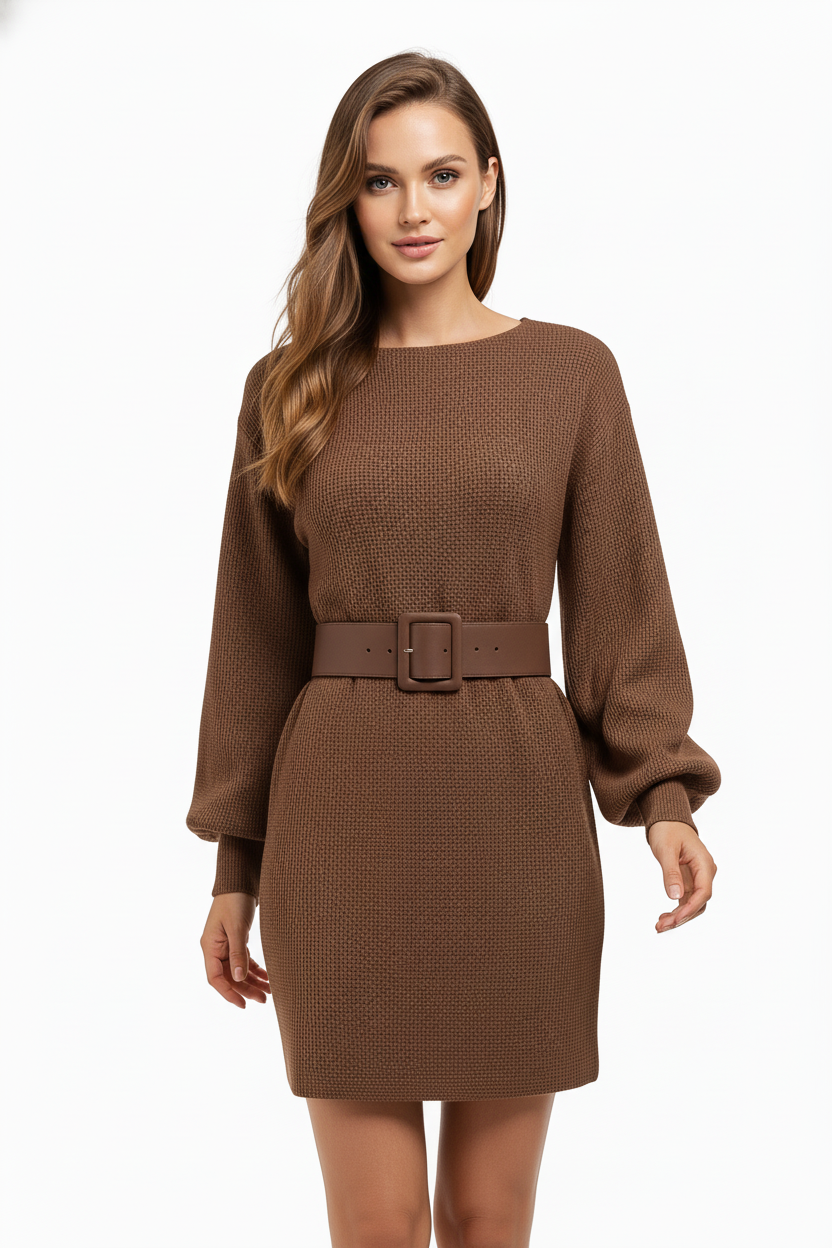 VESTIDO CORTO DE PUNTO CON CINTURÓN