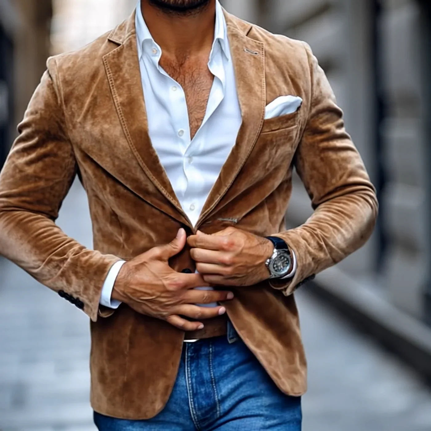 Esencia V | Chaqueta informal de ante liso con solapa en V y dos botones para hombre