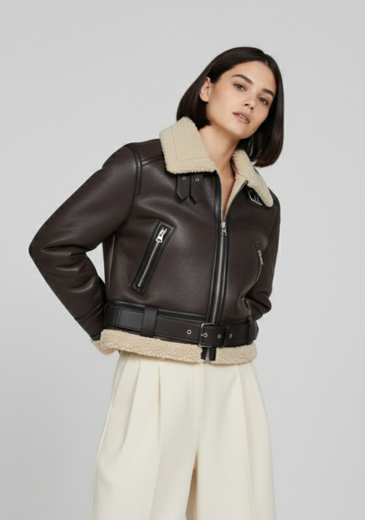 Chaqueta de Cuero con Cuello de Piel