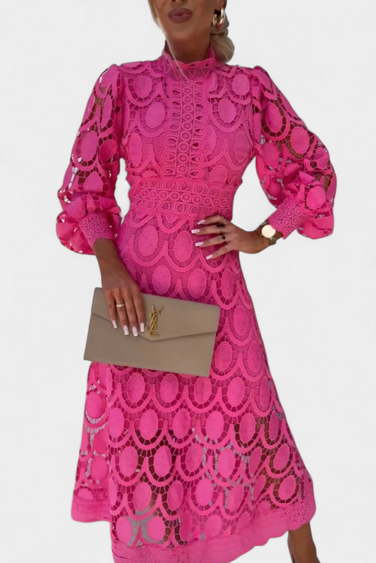 Lucinda Vestido Midi de Encaje con Mangas Farol y Cuello Alto