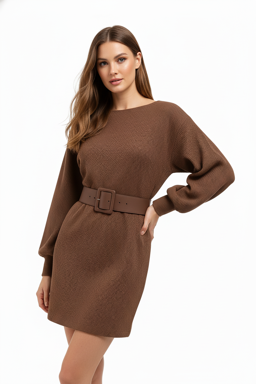 VESTIDO CORTO DE PUNTO CON CINTURÓN