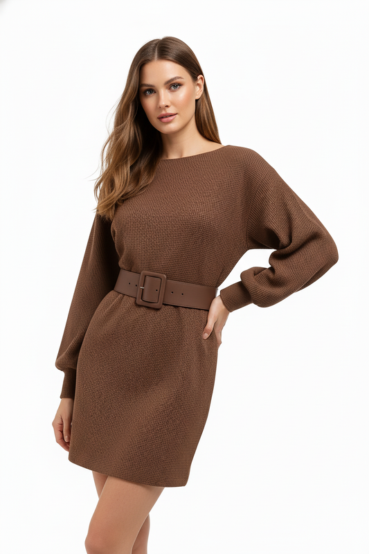 VESTIDO CORTO DE PUNTO CON CINTURÓN