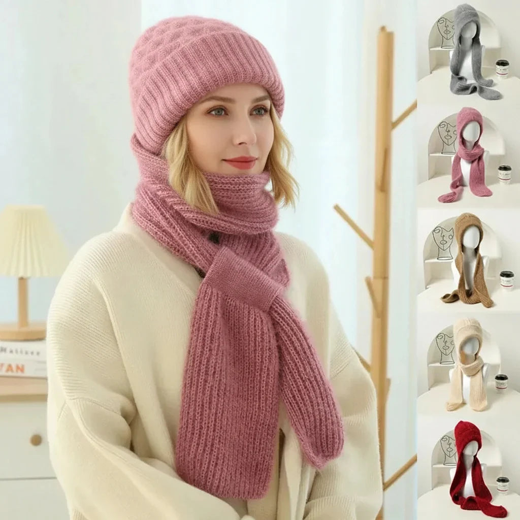 Gorro y bufanda cortavientos con forro polar y protección auditiva integrada.