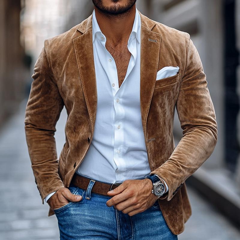 Esencia V | Chaqueta informal de ante liso con solapa en V y dos botones para hombre