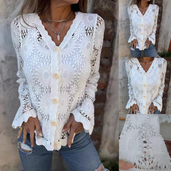 Mercedes/ Blusa de encaje con cuello en V y manga larga